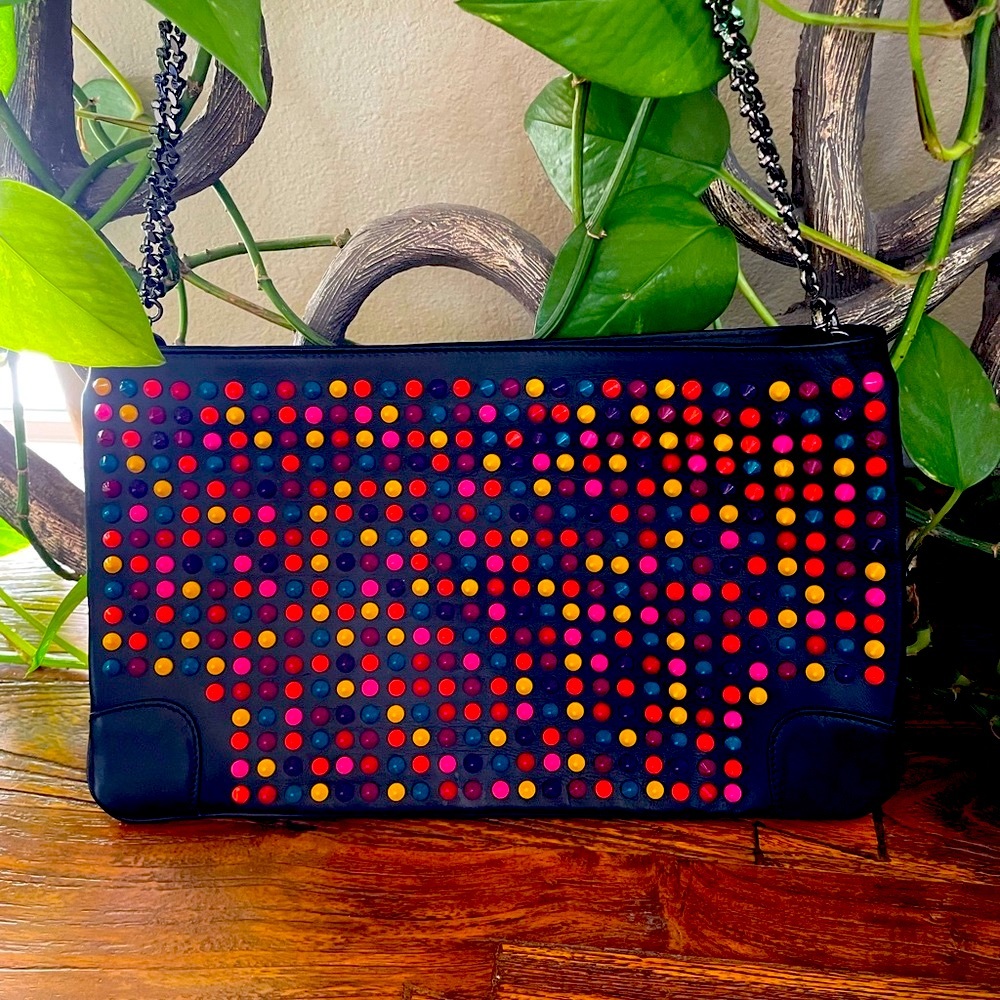 CHRISTIAN LOUBOUTIN Black Leather Loubiposh Multicolor Matte Spiked Clutch Bag